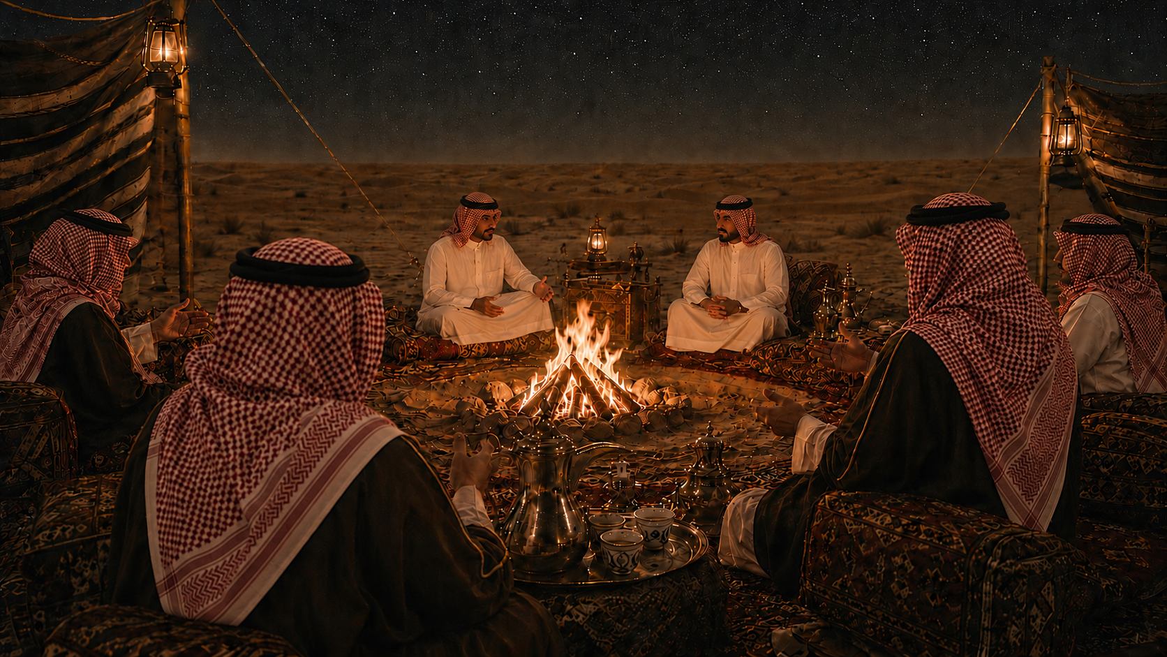 جلسة سعودية حول النار في موقع تصوير صحراوي
